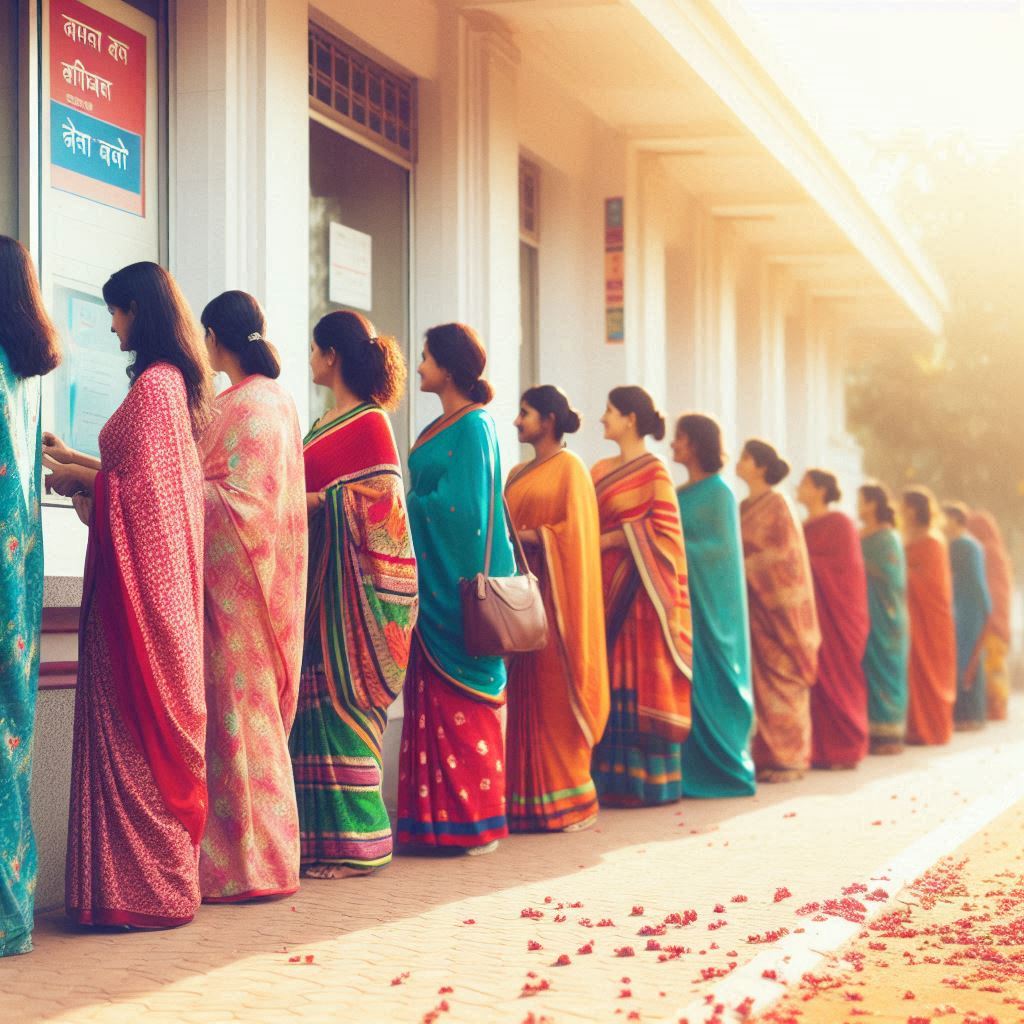 Indian-women-standing-in-line-in-the-bank