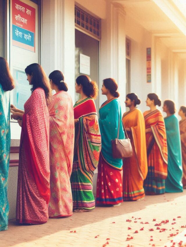 Indian-women-standing-in-line-in-the-bank